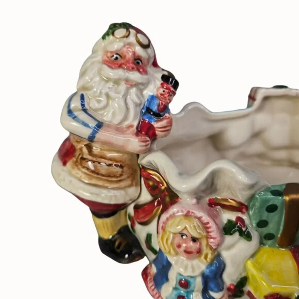 Fitz and Floyd Candy Dish Santa‎ Elf Christmas Ceramic Magic Kingdom Toys READ